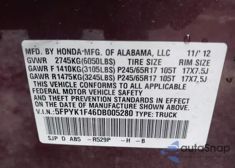 2013 Honda Ridgeline Rts z USA, uszkodzony, nr VIN 5FPYK1F46DB005280